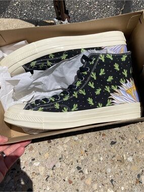 Black High-Top Canvas Sneakers with Green Cactus and Floral Embroidery
NWOT